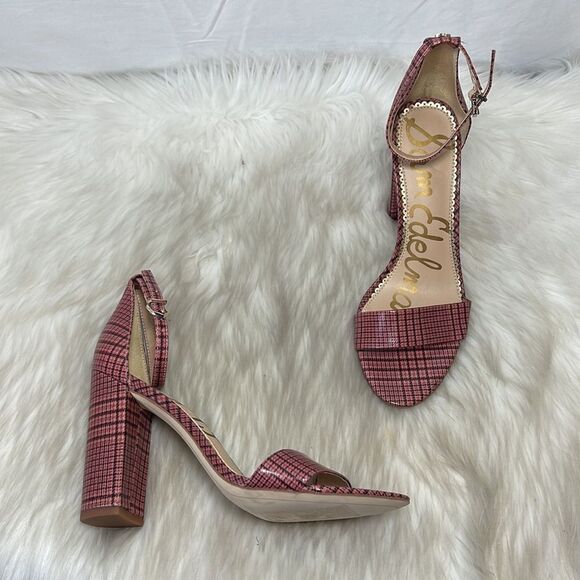 Sam Edelman Yaro Daniela Pink Plaid Vegan Leather Ankle Strap Heels Sz 8 - Picture 2 of 7